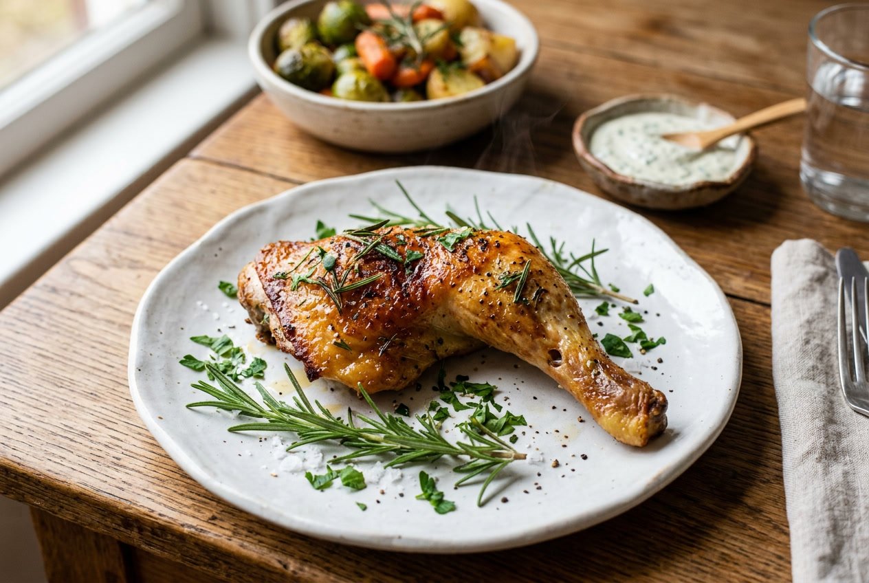 A close-up of a cooked chicken leg on a plate with herbs and roasted vegetables on a wooden table.