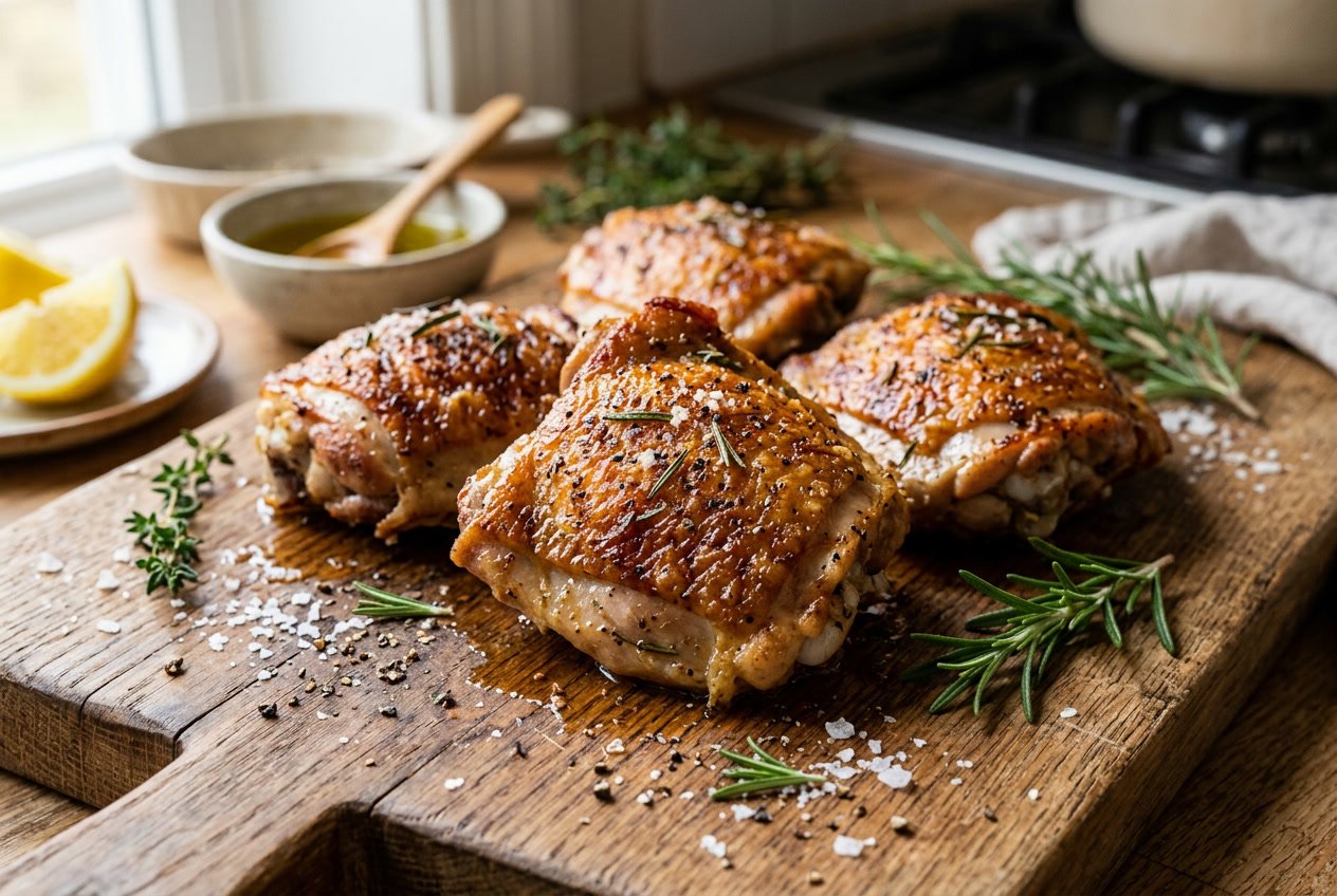 Close-up of golden-brown crispy chicken thighs on a wooden board with herbs and seasoning around them.