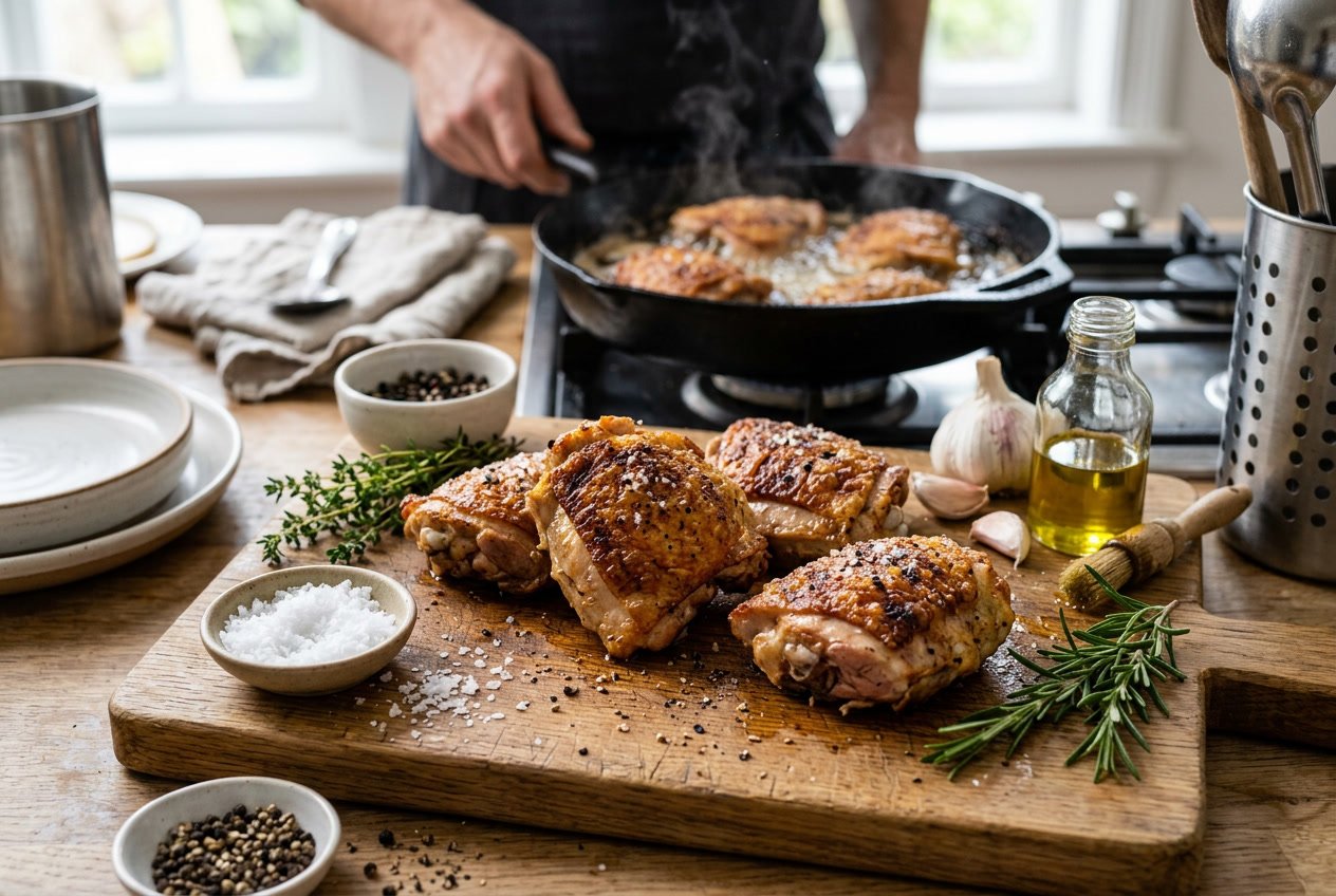 Close-up of golden crispy chicken thighs on a wooden board with herbs, salt, pepper, and a frying pan with sizzling chicken in a kitchen setting.