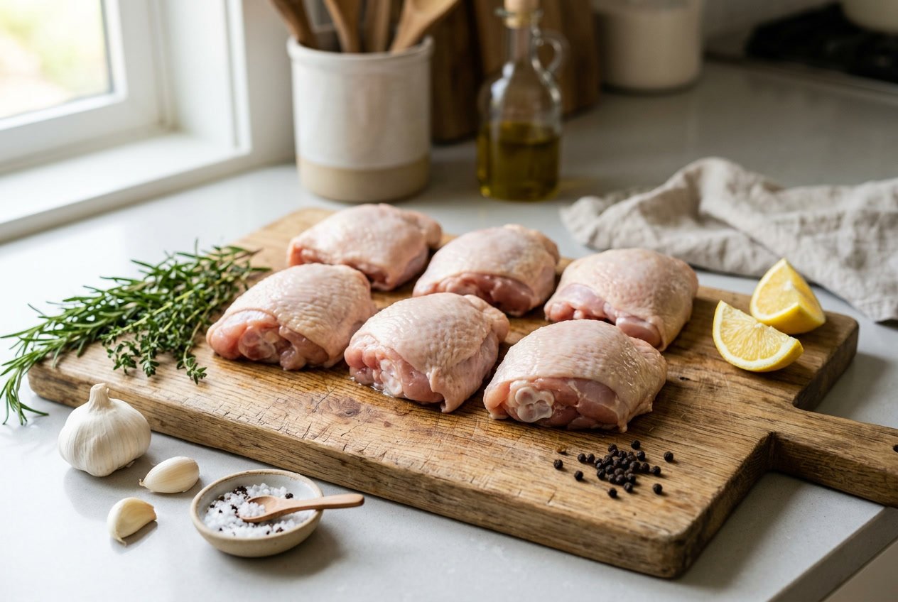 Raw chicken thighs on a wooden cutting board surrounded by garlic, rosemary, lemon wedges, and sea salt on a kitchen countertop.