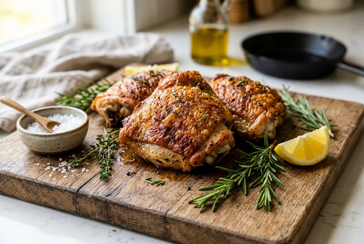 Close-up of perfectly crispy golden-brown chicken thighs on a wooden cutting board with fresh herbs and a lemon wedge nearby.
