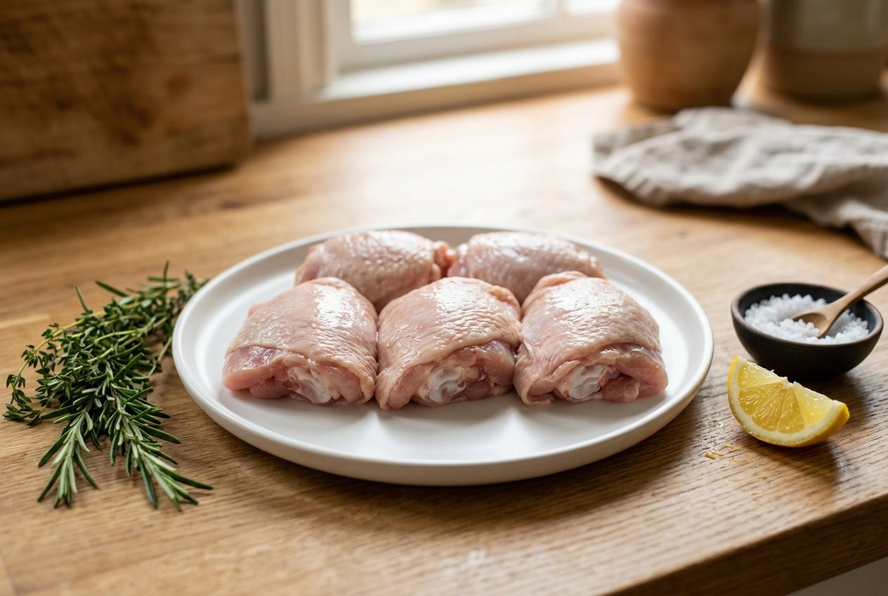 Raw chicken thighs arranged on a white plate with fresh herbs and a lemon wedge on a wooden countertop.