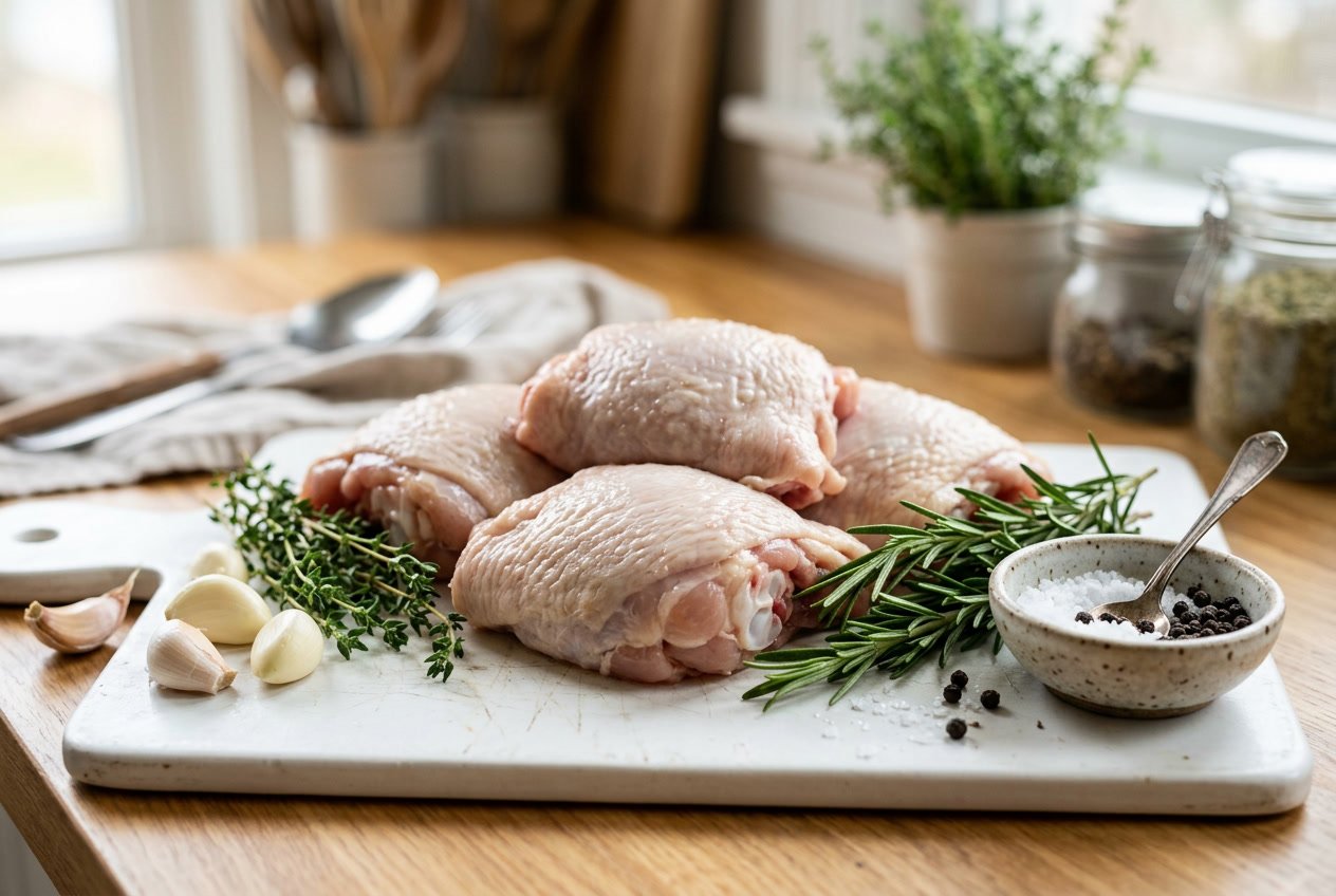 Close-up of raw chicken thighs on a white cutting board with herbs and garlic cloves nearby.