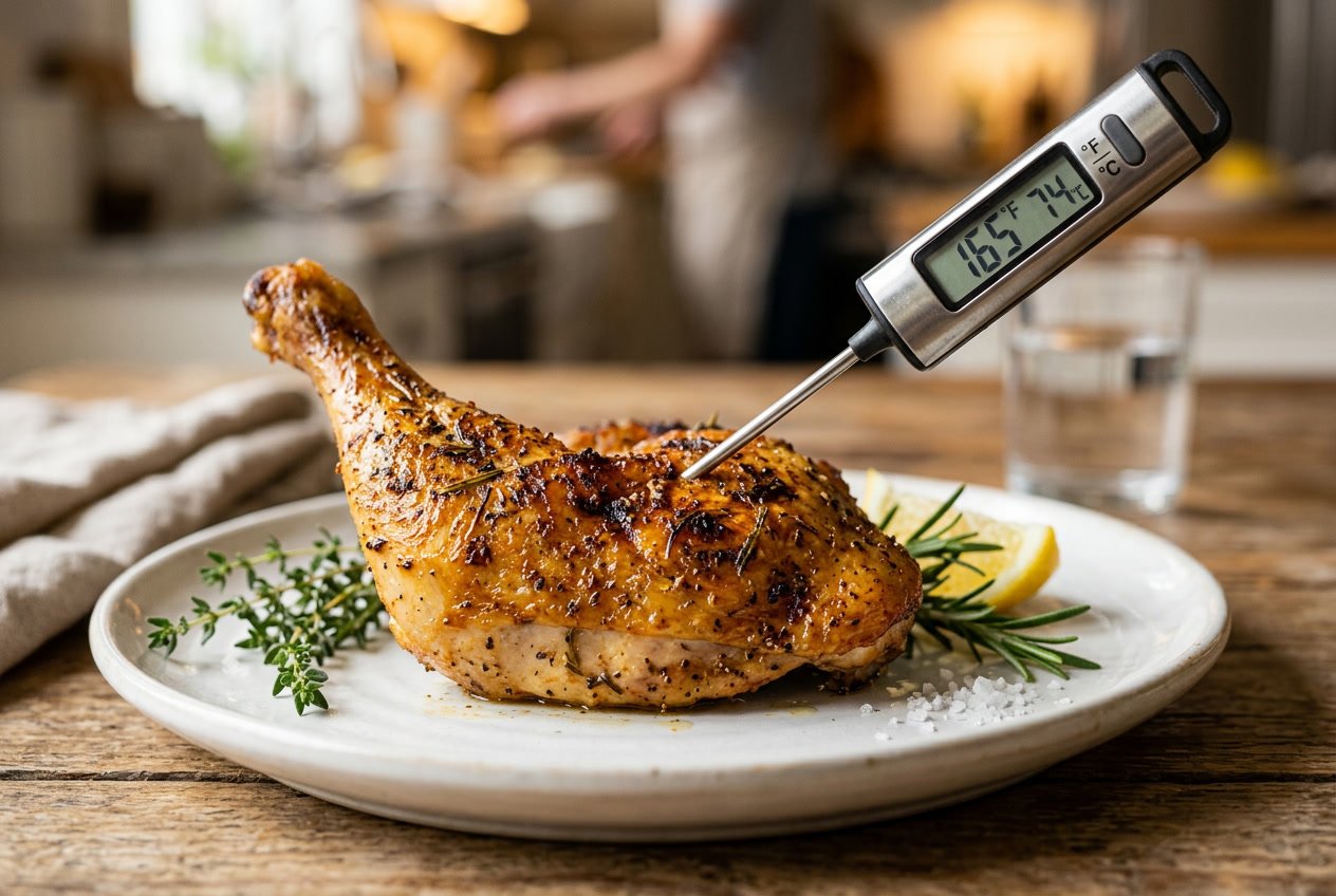 Close-up of a cooked chicken leg on a plate with a meat thermometer showing it is fully cooked, garnished with fresh herbs.