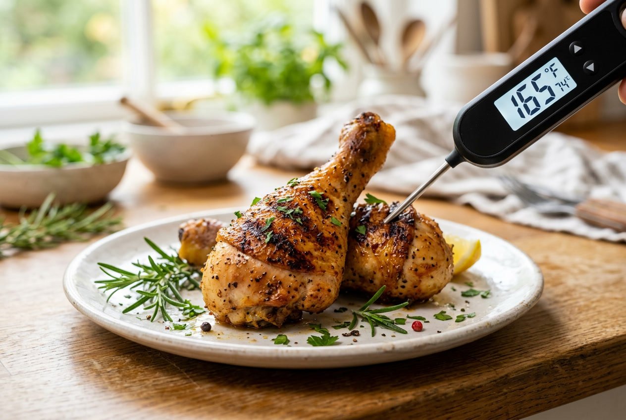 Close-up of cooked chicken legs on a plate with a food thermometer showing a safe internal temperature.