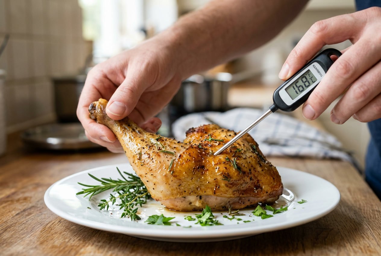 Hands holding a cooked chicken leg with a meat thermometer inserted, placed on a plate with fresh herbs.