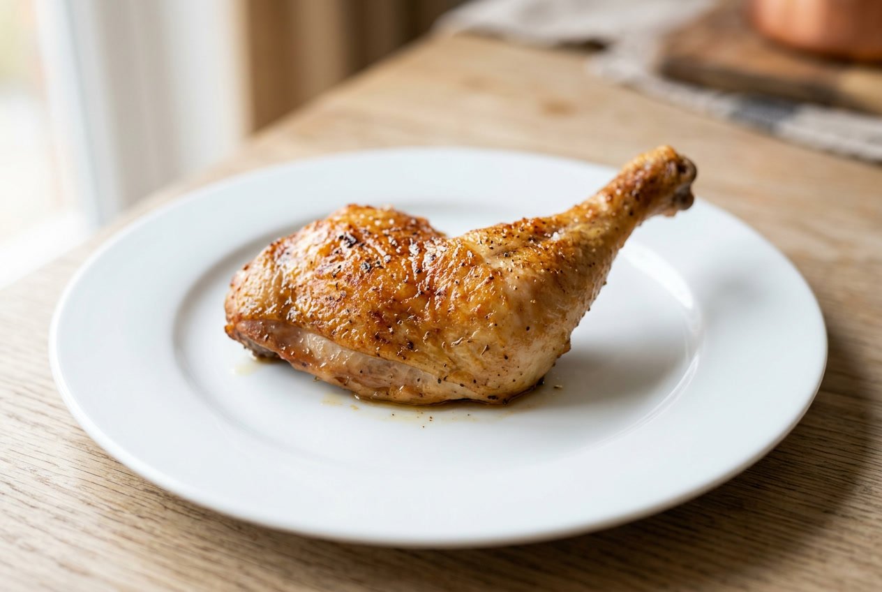 A cooked chicken leg on a white plate with a blurred background.