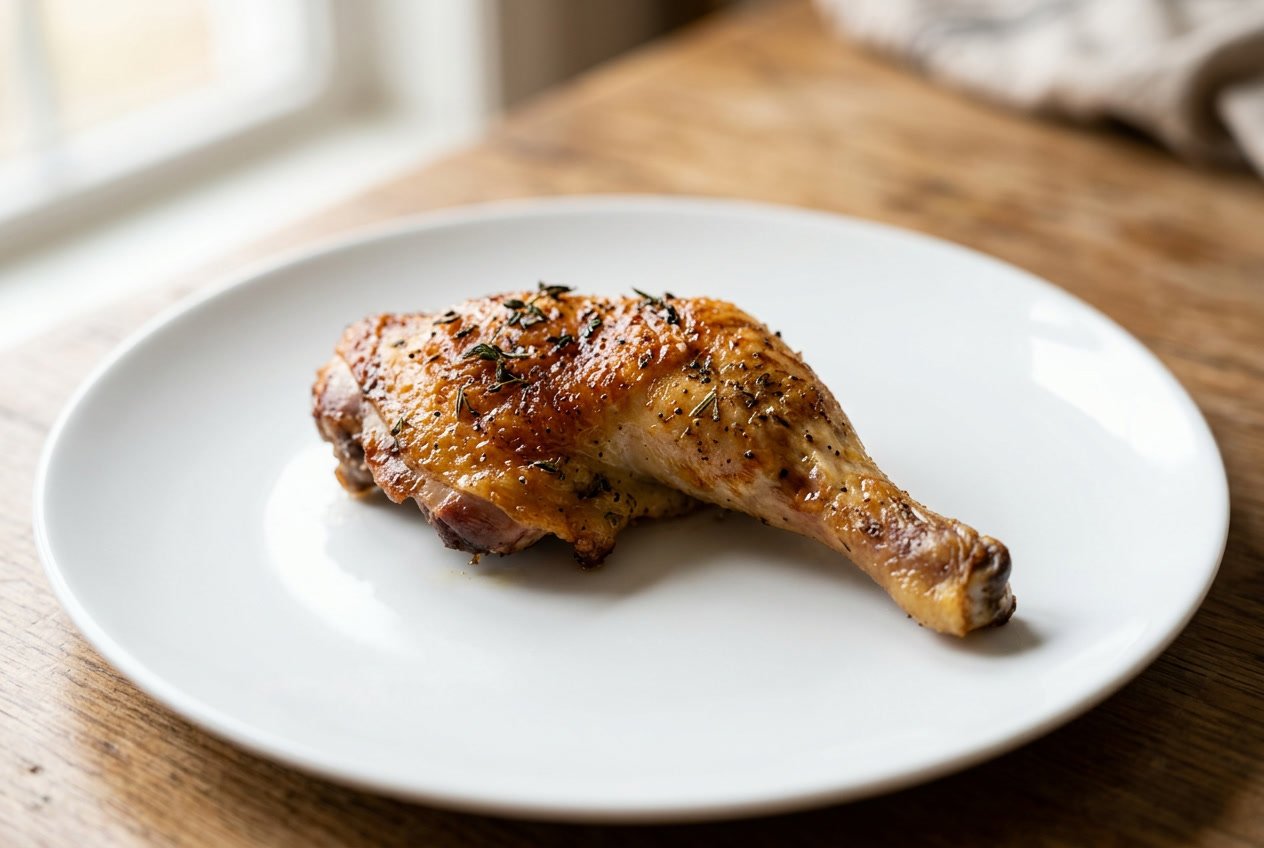 A cooked chicken leg on a white plate with a blurred background.