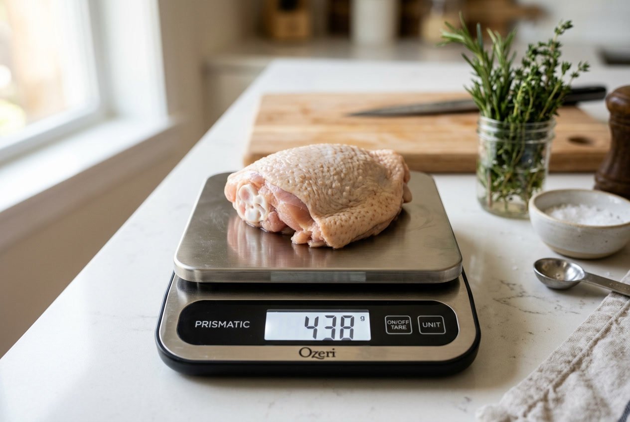 A raw chicken thigh on a digital kitchen scale showing its weight in a bright kitchen setting.