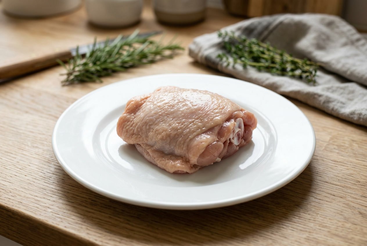 A close-up of a raw chicken thigh on a white plate on a wooden kitchen countertop with herbs in the background.