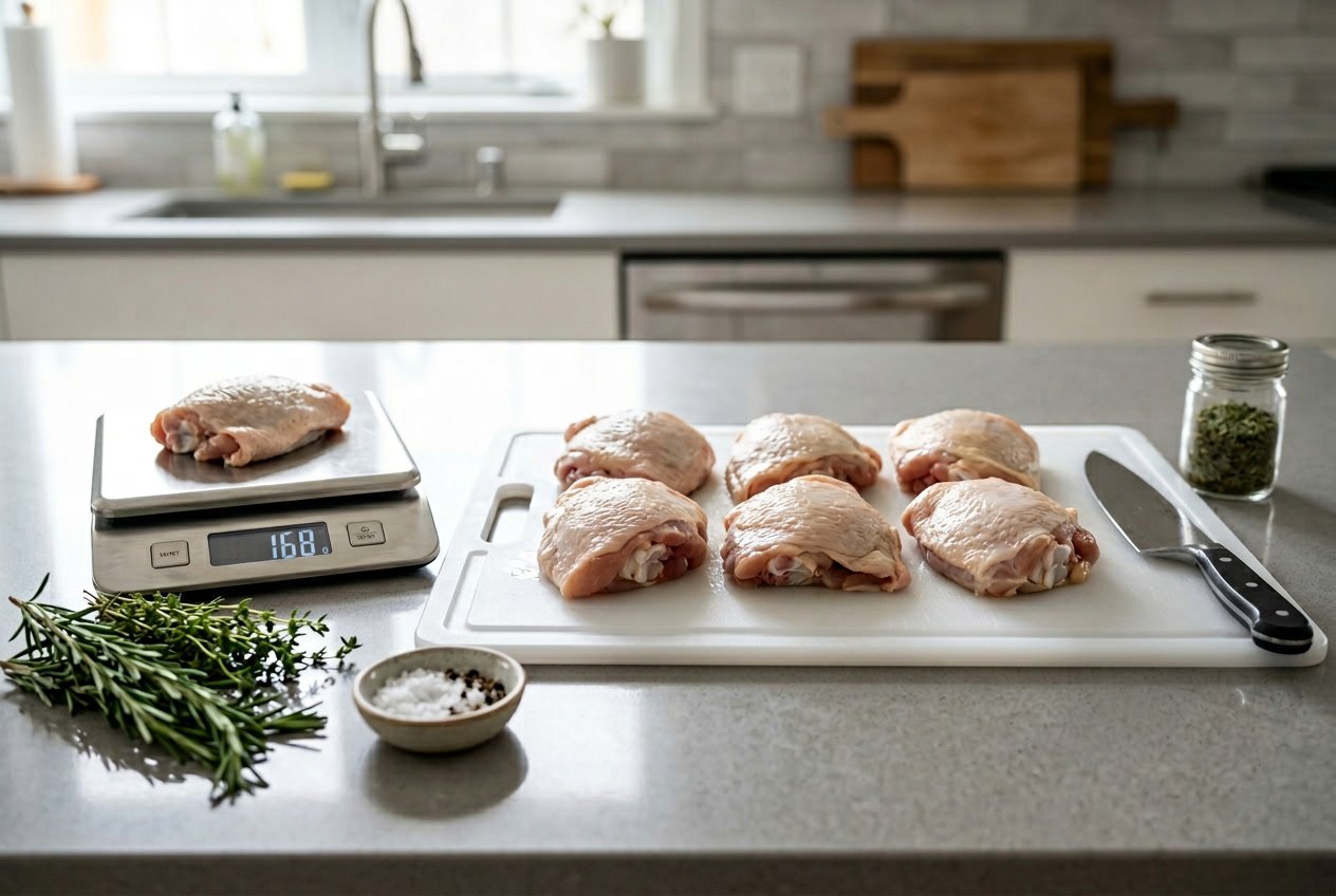 Raw chicken thighs on a cutting board next to a kitchen scale, herbs, and a knife on a kitchen countertop.