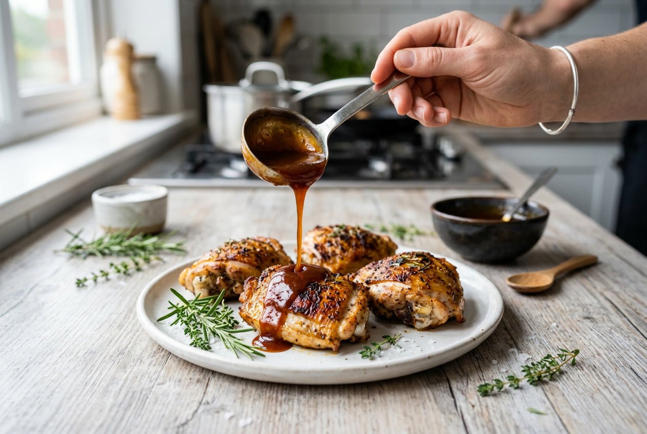 Close-up of cooked chicken thighs being sauced on a plate in a kitchen setting.