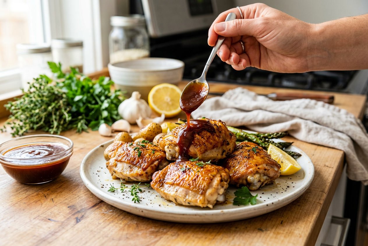 Close-up of cooked chicken thighs being sauced with a spoon in a kitchen.