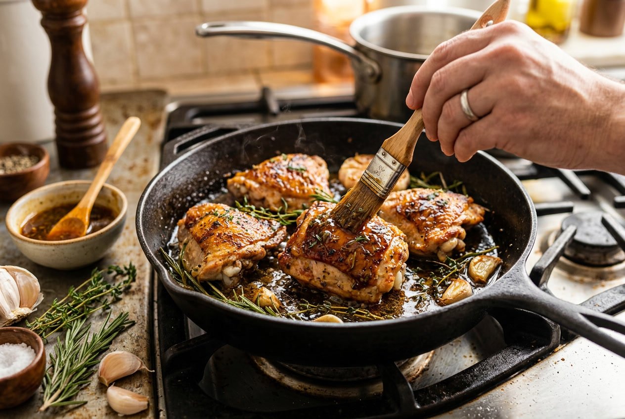 Close-up of chicken thighs being brushed with sauce in a skillet surrounded by fresh ingredients.