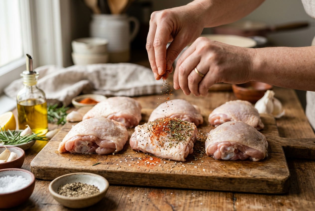 Hands seasoning raw chicken thighs on a wooden cutting board with spices and fresh ingredients nearby.