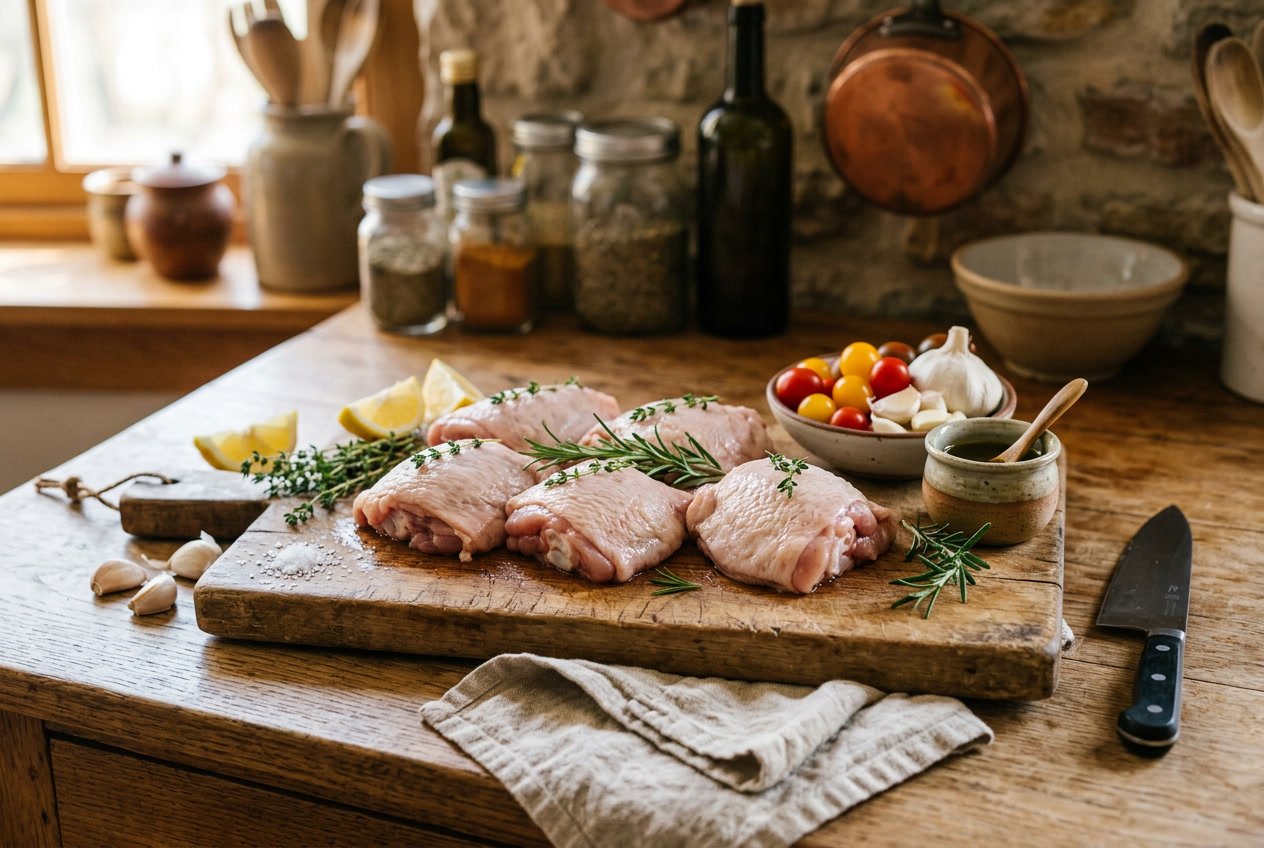 Raw chicken thighs on a wooden cutting board surrounded by fresh herbs, vegetables, and cooking ingredients in a kitchen setting.