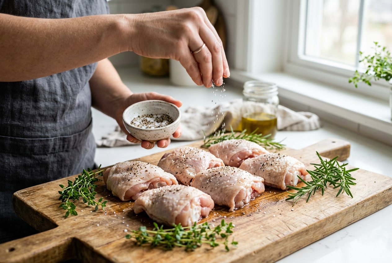Close-up of raw chicken thighs being seasoned with herbs and spices on a wooden cutting board in a kitchen.