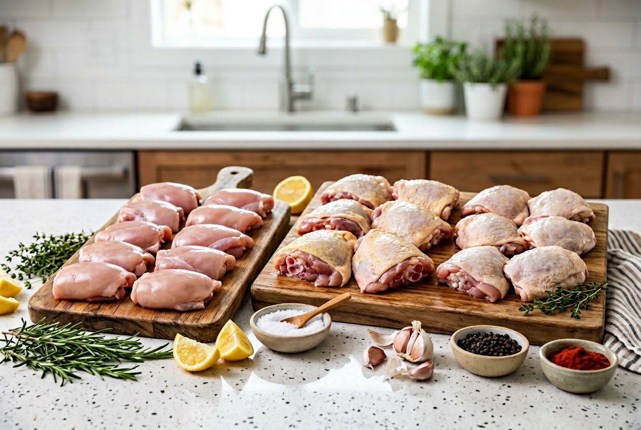 Various types of raw chicken thighs displayed on cutting boards with fresh herbs, lemon, garlic, and seasonings on a kitchen countertop.