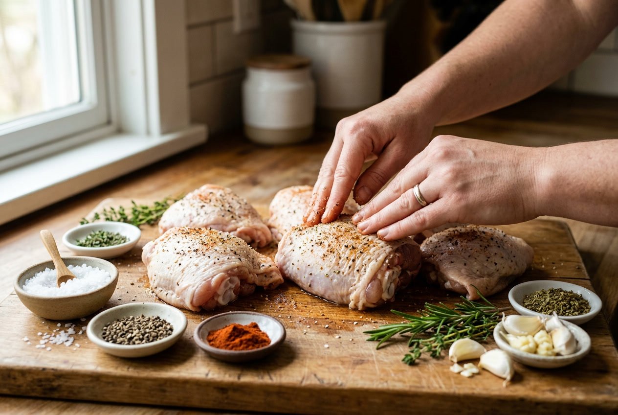 Hands seasoning raw chicken thighs on a wooden cutting board with herbs and spices around.