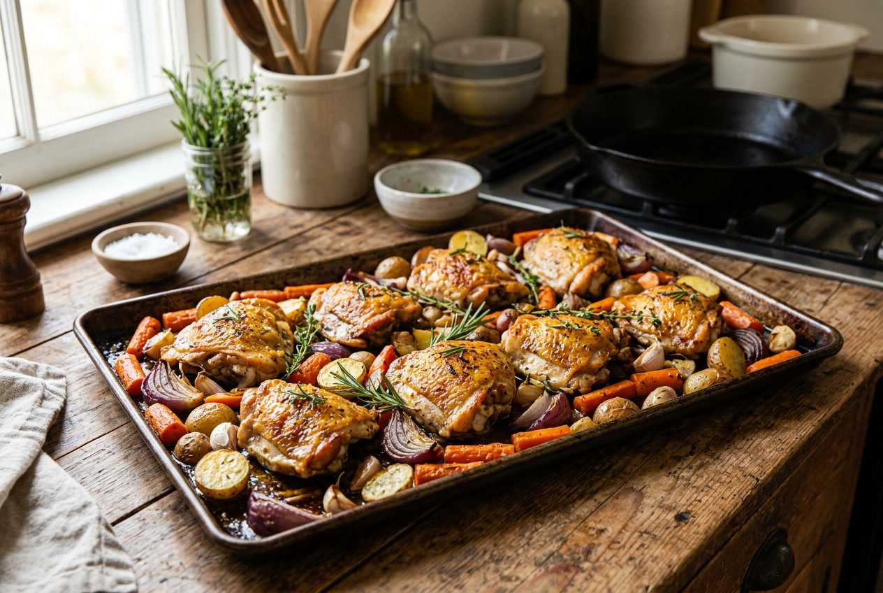 Oven-roasted chicken thighs on a sheet pan with roasted vegetables on a wooden countertop in a kitchen setting.