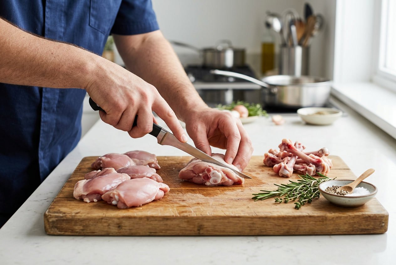 Hands deboning raw chicken thighs on a wooden cutting board with knife and herbs nearby in a kitchen setting.