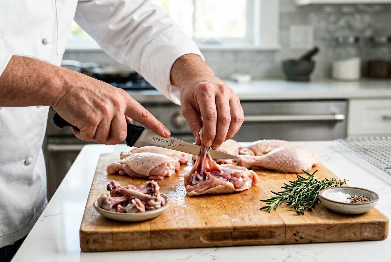 Hands of a chef deboning raw chicken thighs on a wooden cutting board in a bright kitchen.