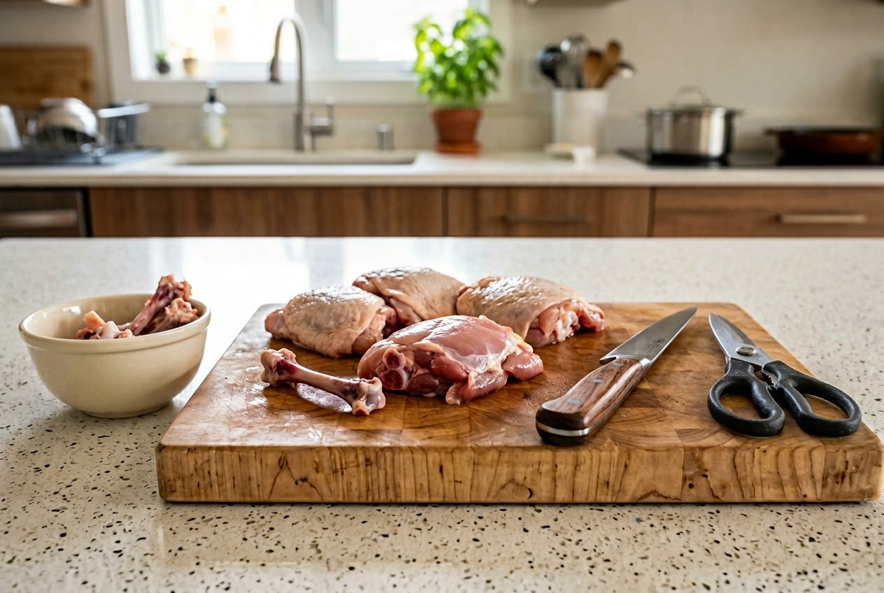 A kitchen countertop with tools for deboning chicken thighs including a boning knife, kitchen shears, a cutting board with raw chicken thighs, and a bowl for bones.