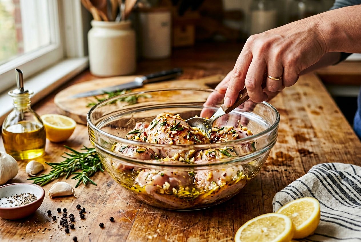 Raw chicken thighs being marinated in a glass bowl with herbs, spices, and lemon on a wooden countertop.
