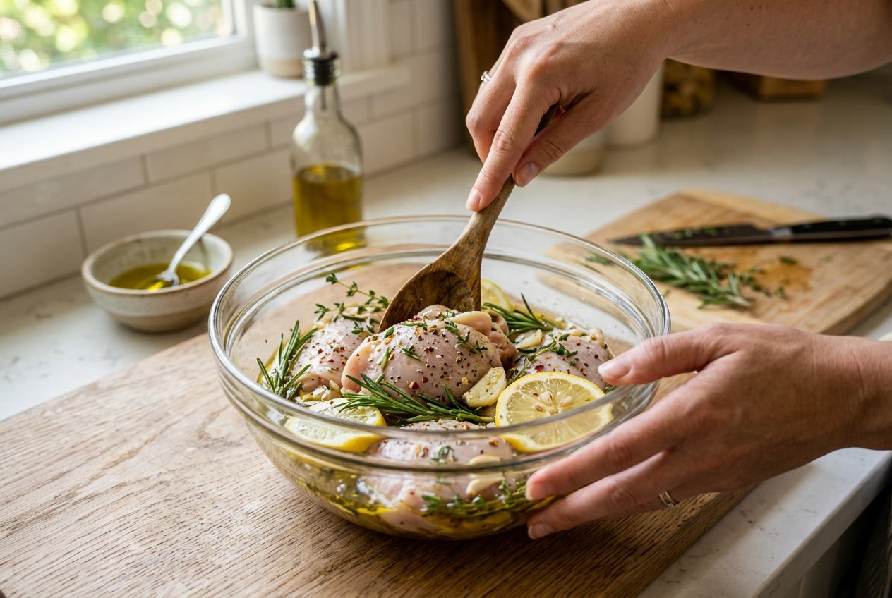 Close-up of raw chicken thighs being marinated in a glass bowl with herbs, lemon slices, and garlic on a kitchen countertop.