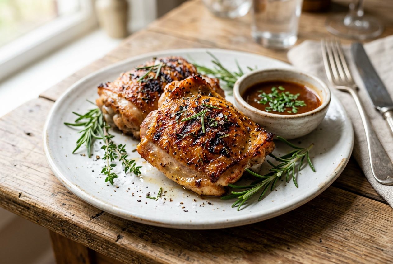 Close-up of golden-brown cooked chicken thighs on a plate with herbs and a small bowl of sauce.