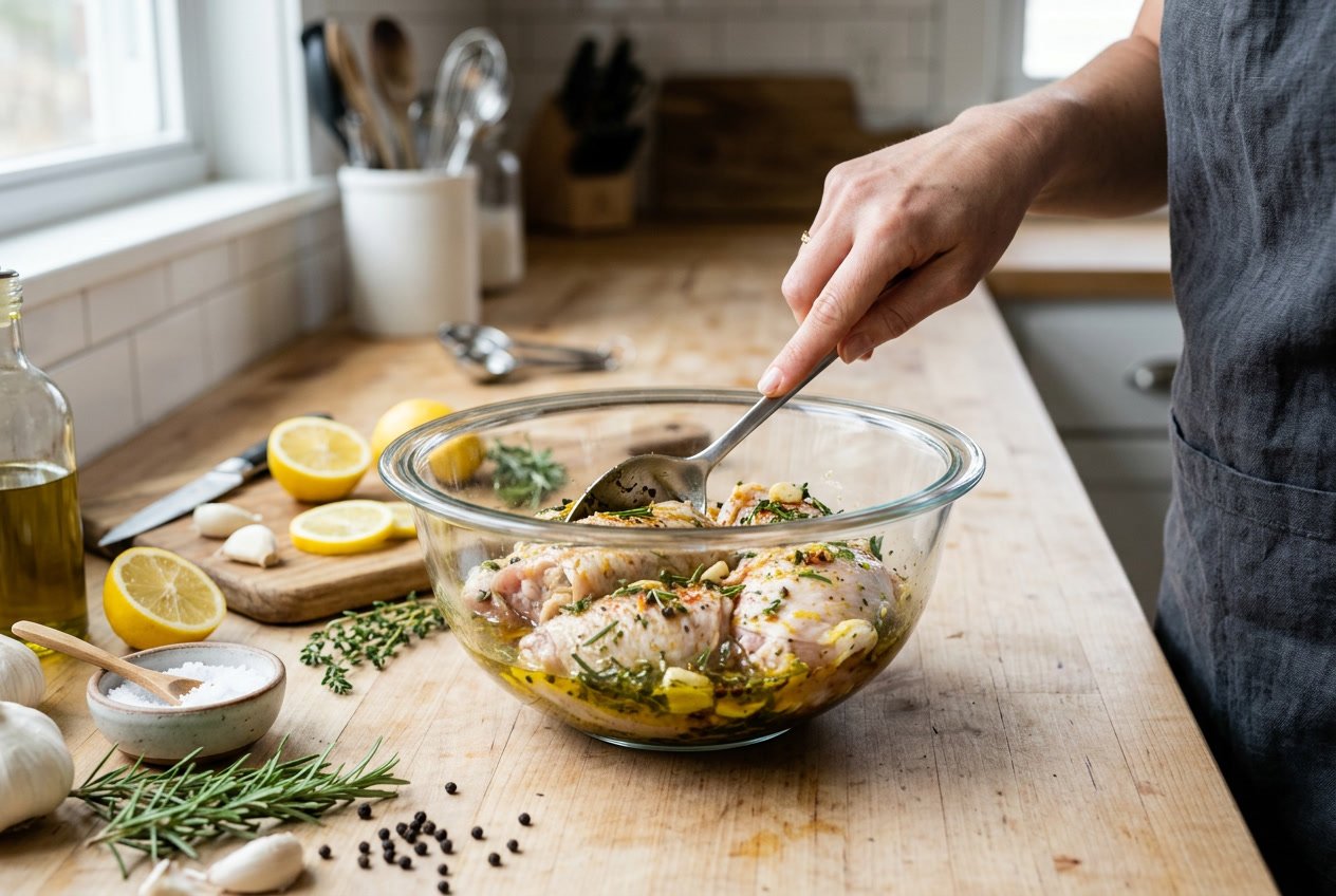 Raw chicken thighs being marinated in a glass bowl with herbs and spices on a wooden countertop in a kitchen.