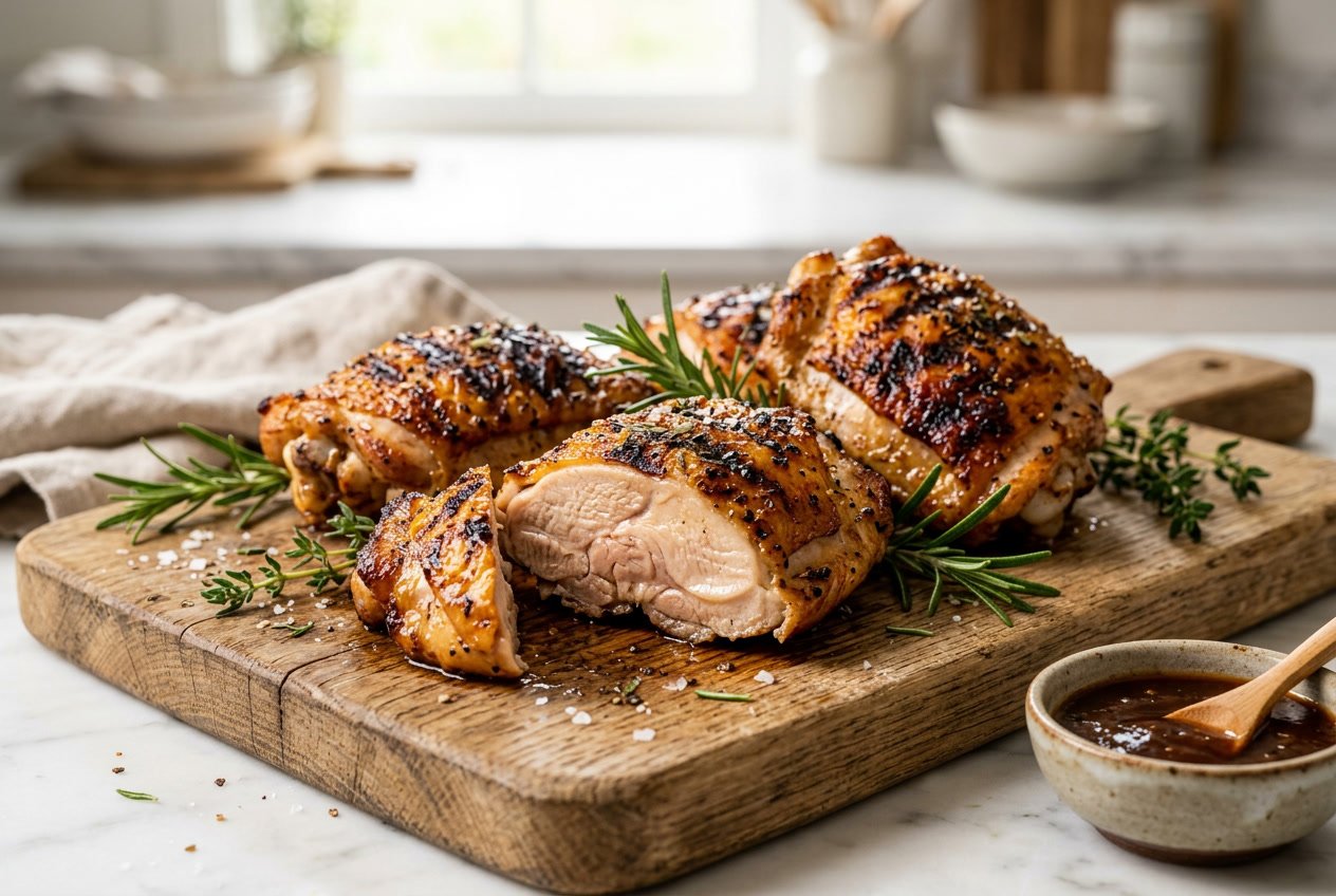 Close-up of cooked chicken thighs with golden-brown skin on a wooden cutting board, garnished with fresh herbs and a small bowl of sauce.