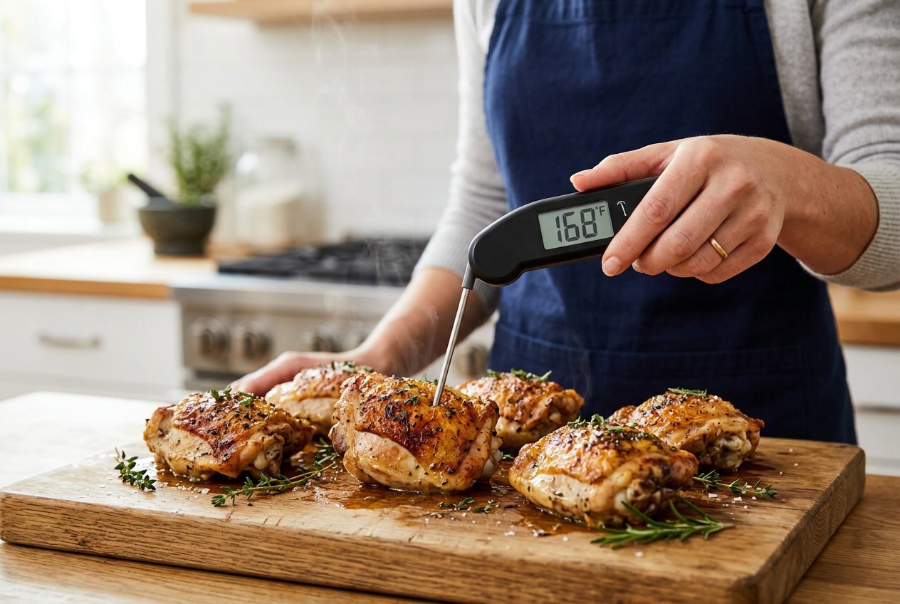 Close-up of a person using a meat thermometer to check the temperature of cooked chicken thighs on a cutting board in a kitchen.