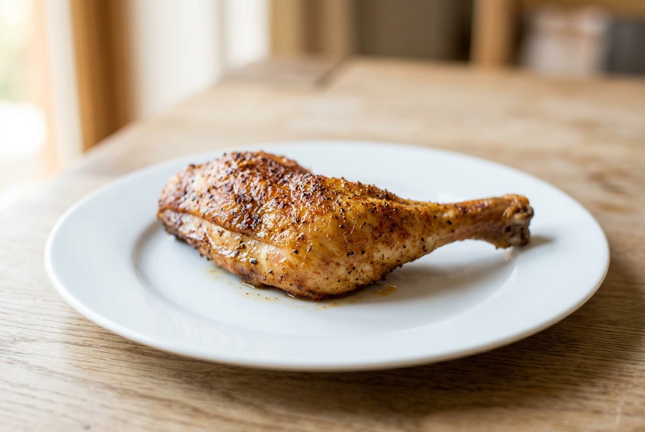 A cooked chicken leg piece on a white plate on a wooden table.