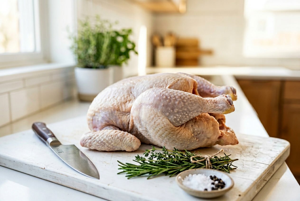 A whole raw chicken on a cutting board with the leg piece clearly visible, surrounded by kitchen tools and herbs.