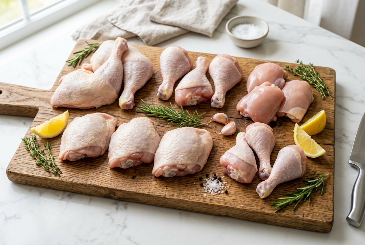 Various raw chicken leg pieces and related cuts arranged on a wooden cutting board with fresh herbs and lemon wedges.