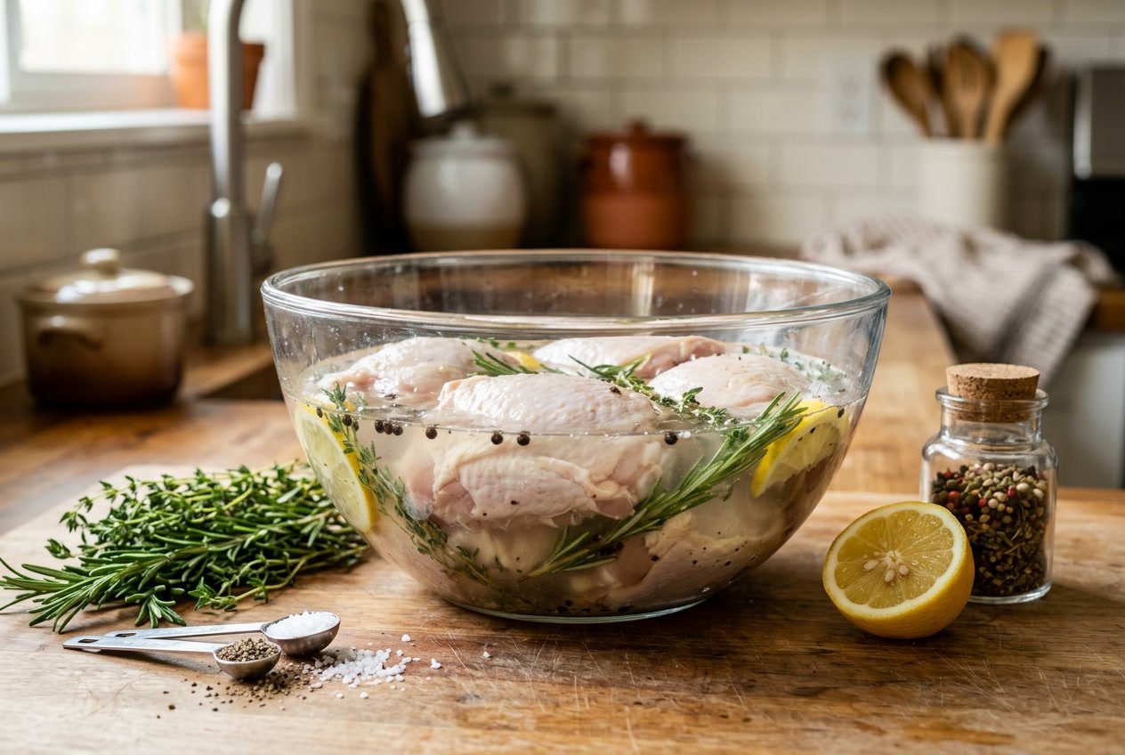 Raw chicken thighs soaking in a glass bowl of brine on a wooden countertop with herbs, spices, and lemon nearby in a kitchen.