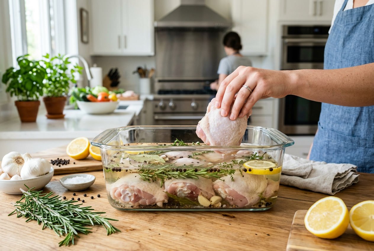 Raw chicken thighs soaking in a glass container with brine on a kitchen countertop surrounded by fresh herbs and spices.