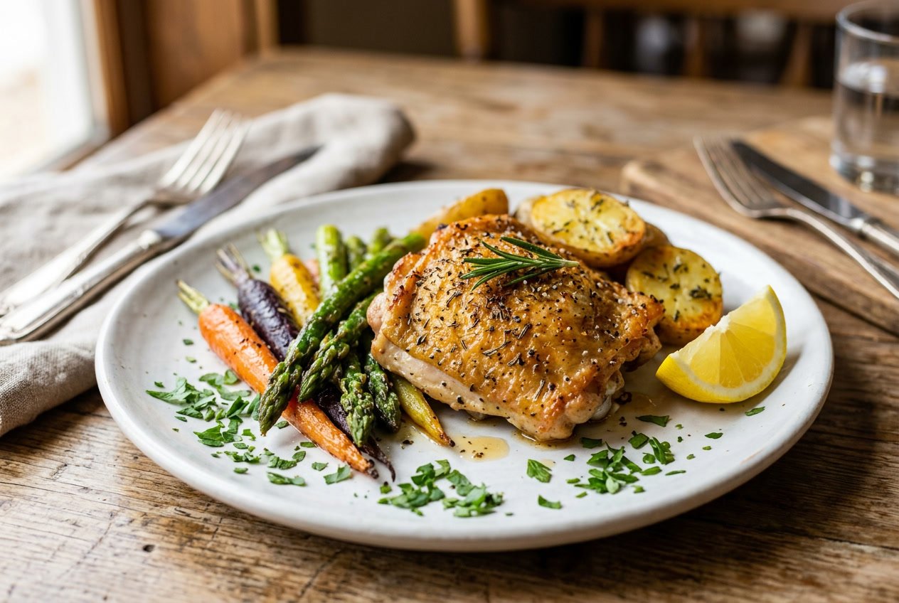 A plated chicken thigh with roasted vegetables and a lemon wedge on a wooden table.