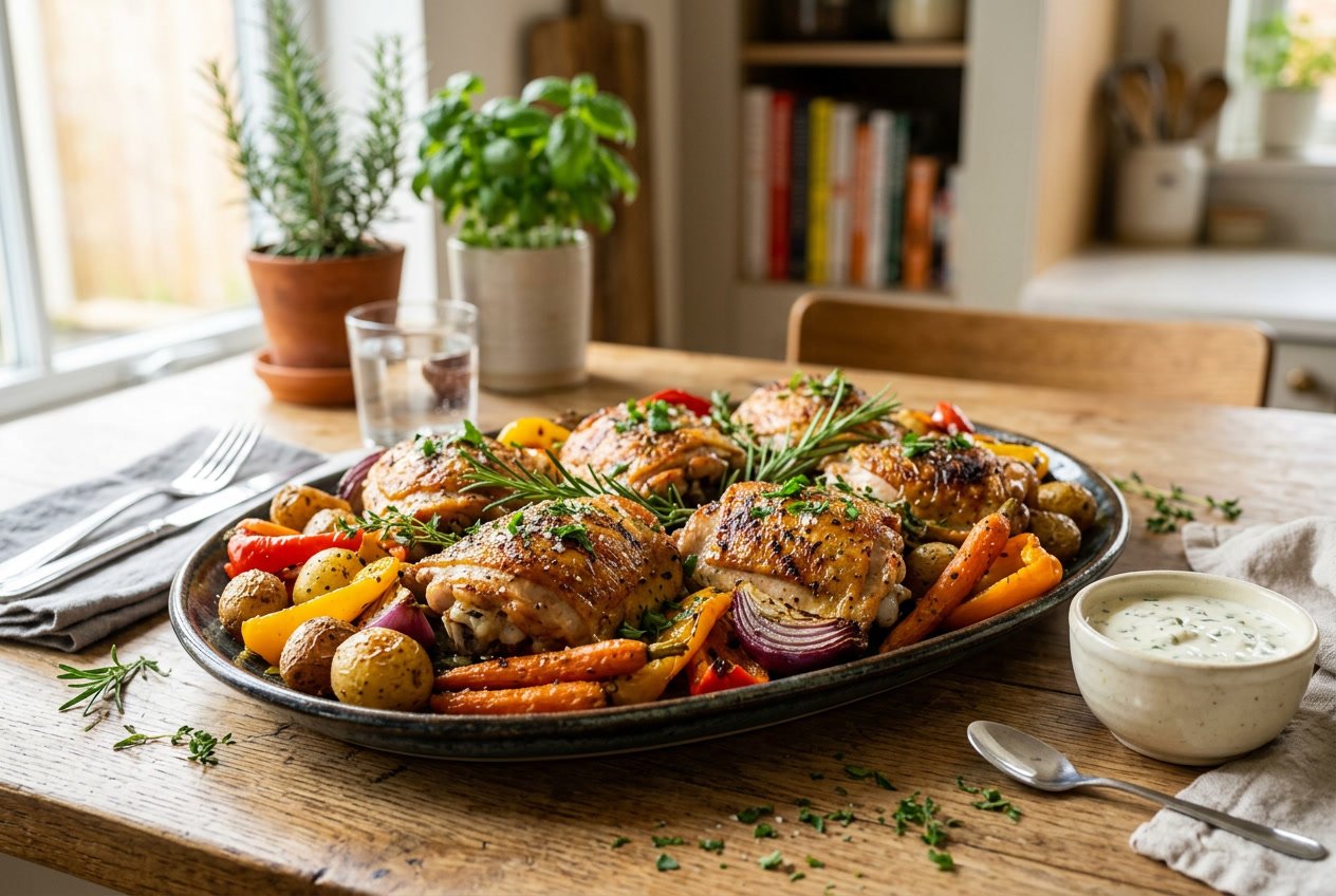 A platter of cooked chicken thighs garnished with fresh herbs and surrounded by roasted vegetables on a kitchen table.