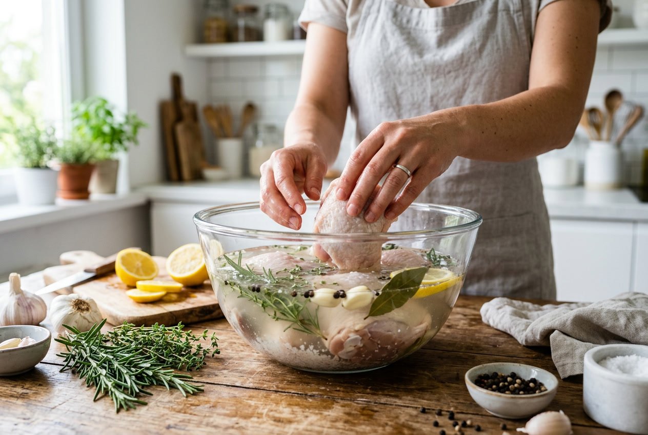 Hands placing chicken thighs into a glass bowl filled with brine, surrounded by fresh herbs and ingredients on a kitchen countertop.