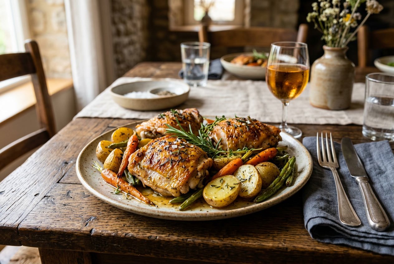 A plate of golden baked and roasted chicken thighs garnished with fresh herbs, surrounded by roasted vegetables on a wooden table.