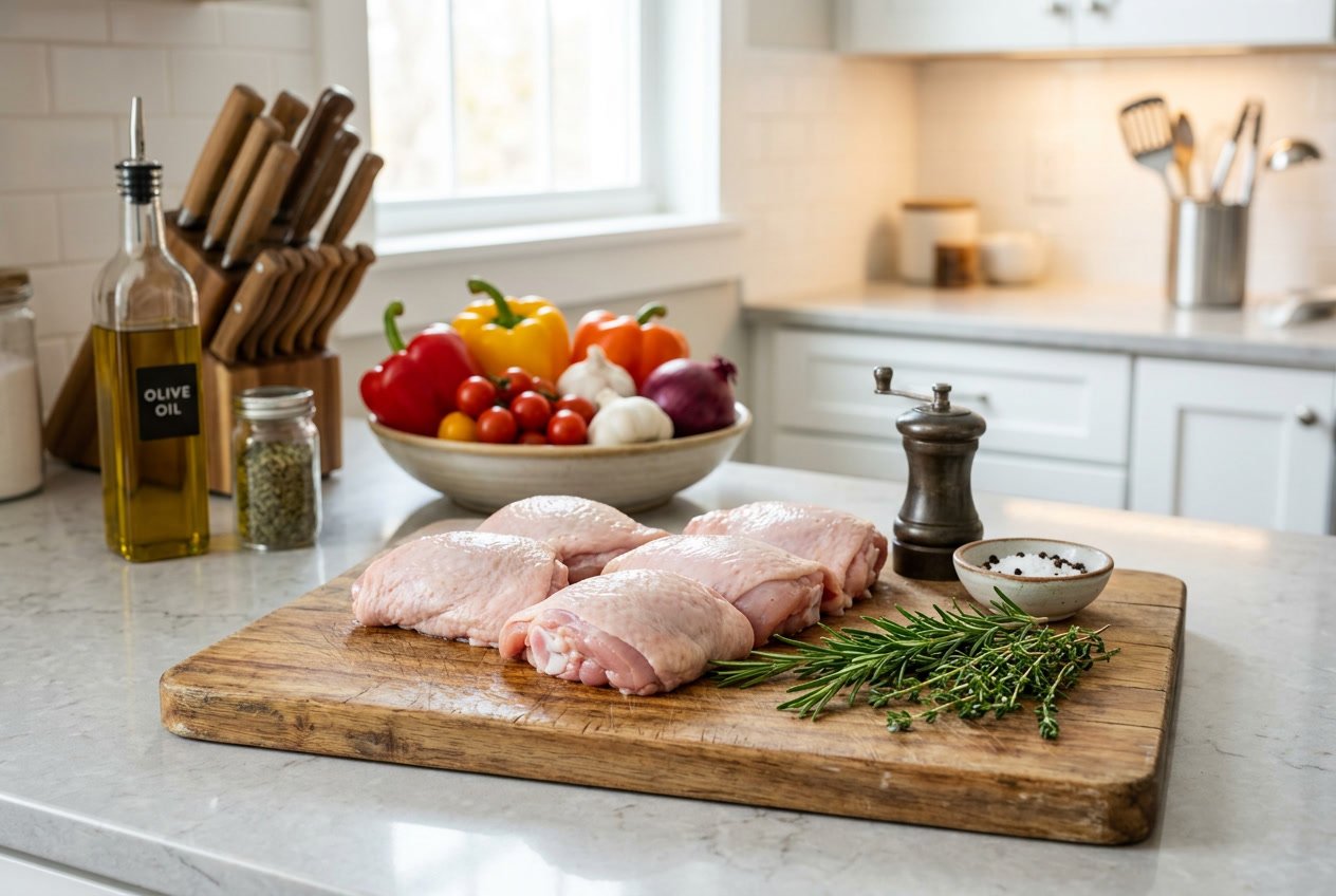 Raw chicken thighs arranged on a wooden cutting board in a kitchen with fresh herbs and vegetables nearby.