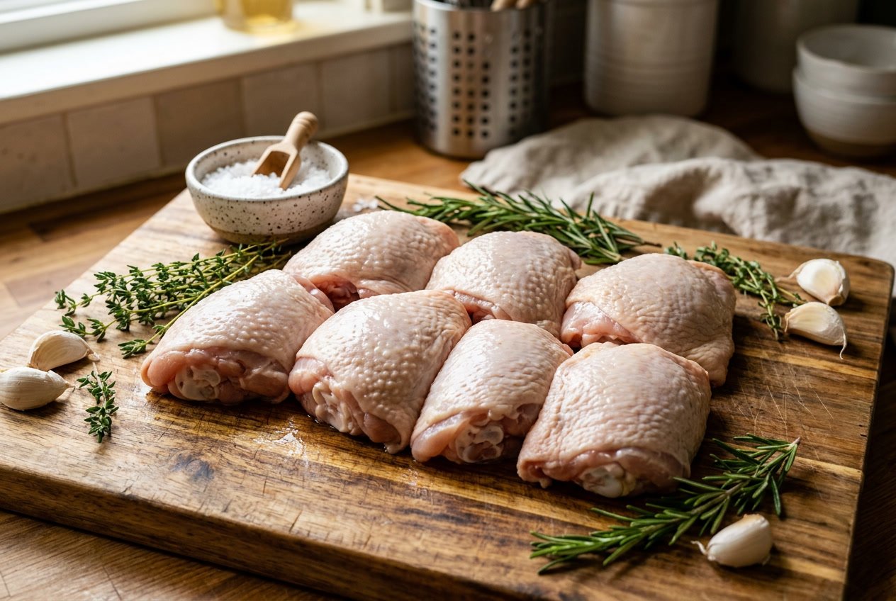 Close-up of raw chicken thighs on a wooden cutting board with herbs and garlic in a kitchen setting.