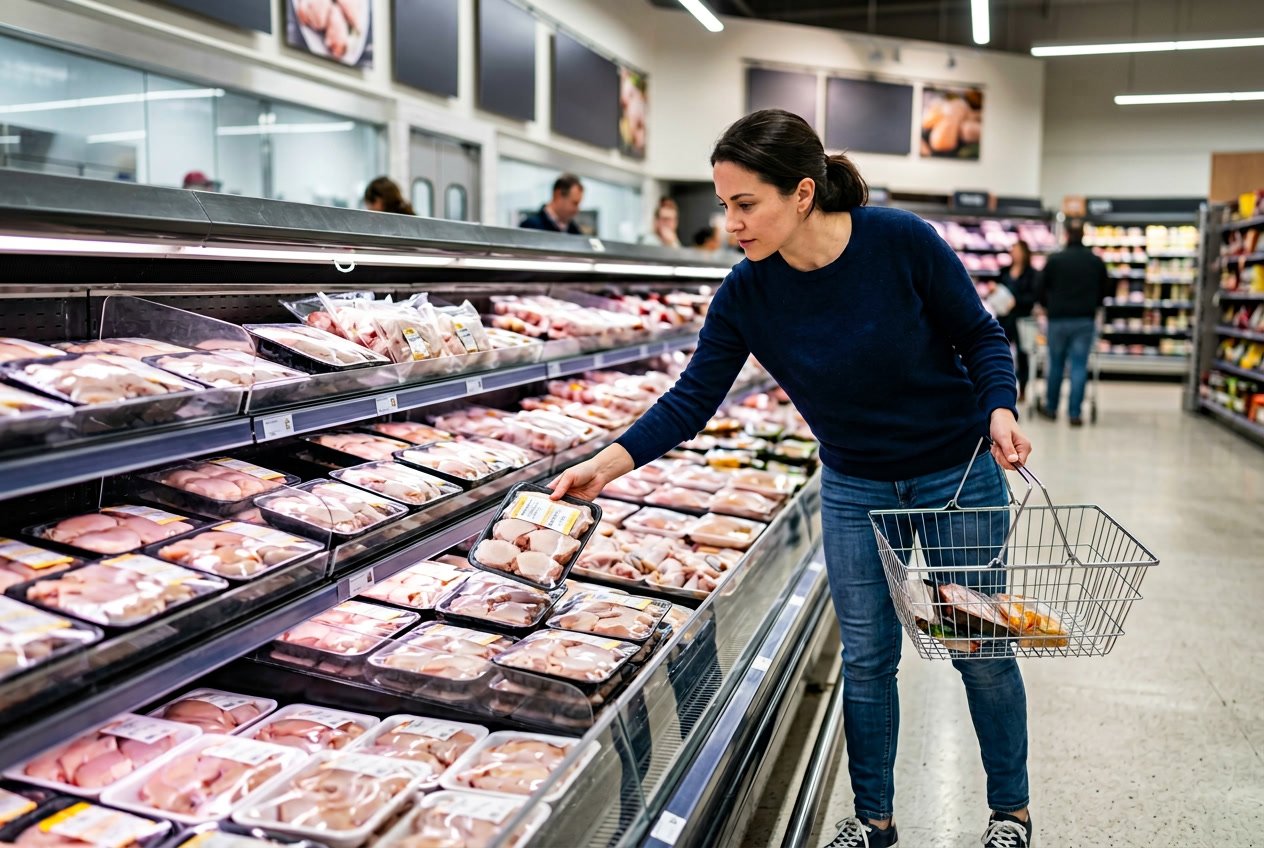 A person selecting packaged chicken thighs from a refrigerated display in a supermarket meat section.