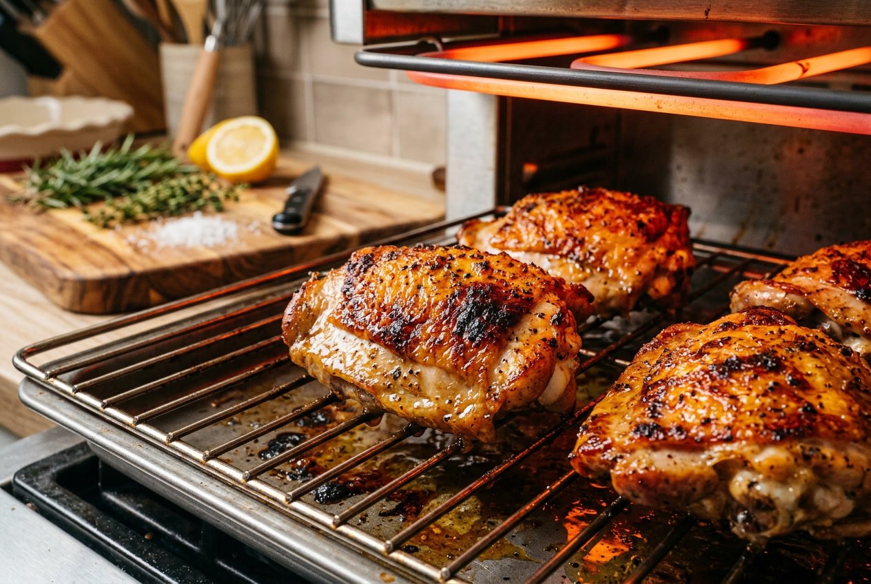 Golden brown chicken thighs cooking on a broiler rack under a glowing heating element in a kitchen.