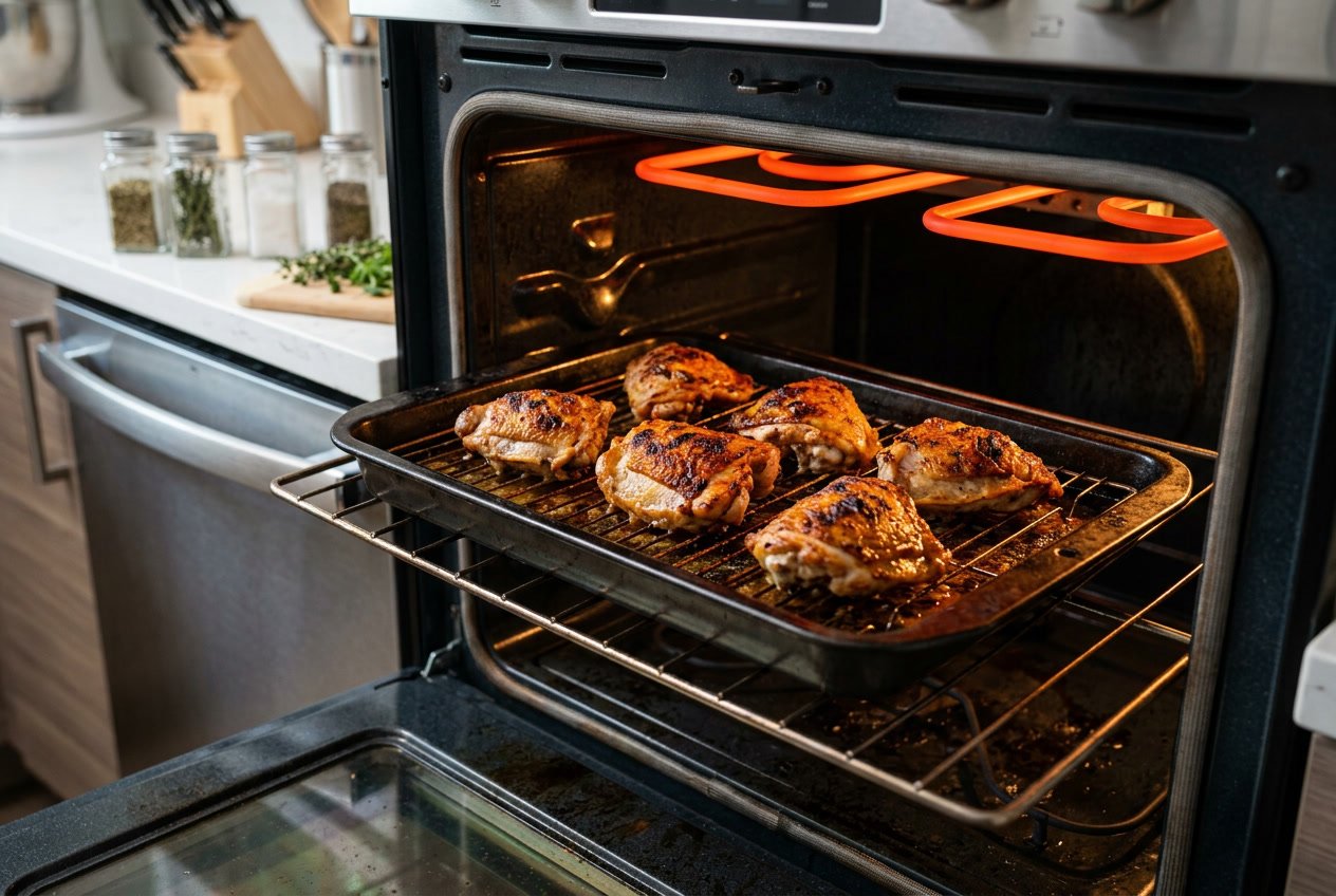 Close-up of golden-brown chicken thighs broiling inside an open oven with glowing heating elements.