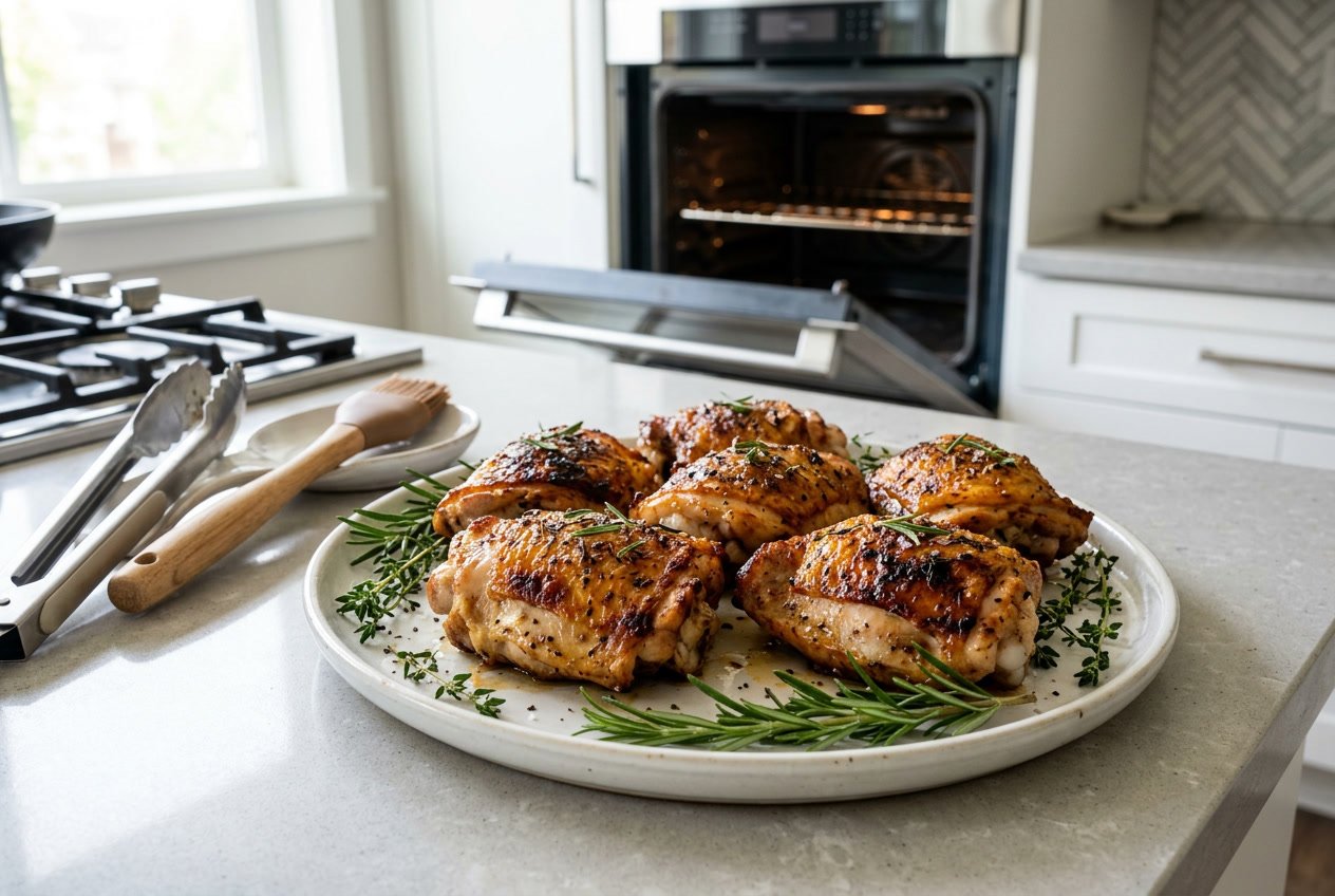 Golden brown broiled chicken thighs on a white plate with fresh herbs on a kitchen countertop near an open broiler oven.