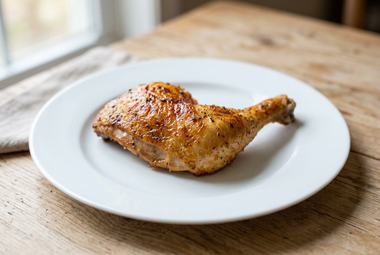 A cooked chicken leg piece on a white plate on a wooden table.