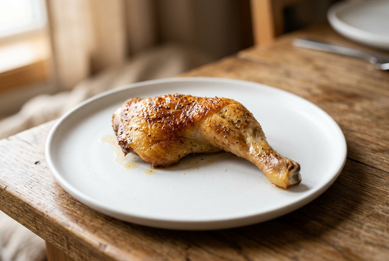 A cooked chicken leg piece on a white plate on a wooden table.